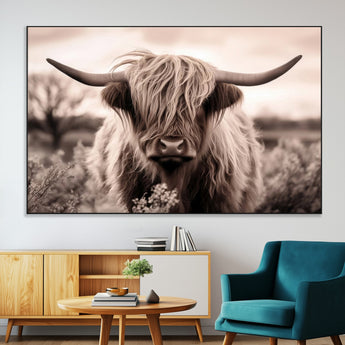 55903-MGV-CV-36X24-Highland Cow Wall Art – Rustic Sepia Scottish Highland Bull Canvas Print, Farmhouse Country Animal Decor for Living Room, Bedroom
