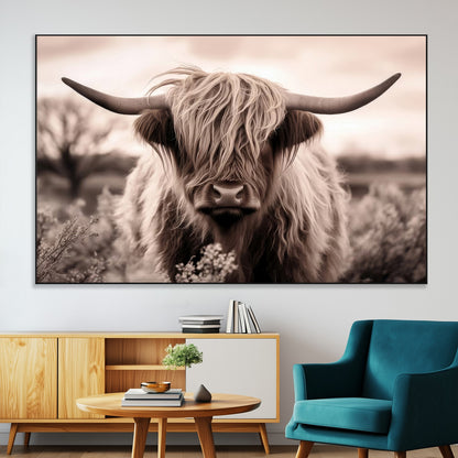 55903-MGV-CV-36X24-Highland Cow Wall Art – Rustic Sepia Scottish Highland Bull Canvas Print, Farmhouse Country Animal Decor for Living Room, Bedroom