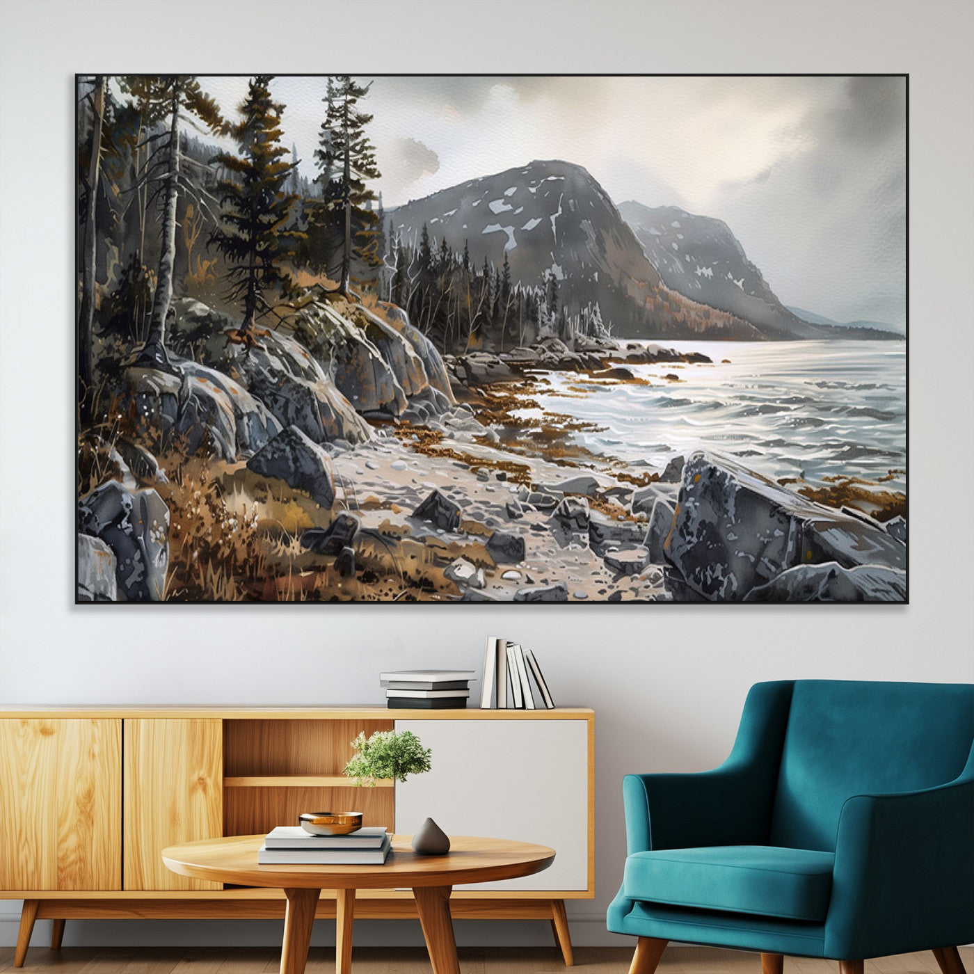 41281-SEG-FC-51X34_Oversize-Rocky Shoreline Wall Art – Panoramic Mountain Coast and Forest Canvas Print, Rustic Nature Landscape Decor for Cabin, Lodge, or