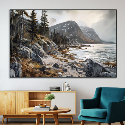 41281-SEG-FC-51X34_Oversize-Rocky Shoreline Wall Art – Panoramic Mountain Coast and Forest Canvas Print, Rustic Nature Landscape Decor for Cabin, Lodge, or