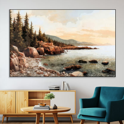 77145-SEG-FC-51X34_Oversize-Coastal Landscape Wall Art – Panoramic Rocky Shoreline and Pine Trees Canvas Print, Rustic Nature Decor for Cabin, Lodge, Office,