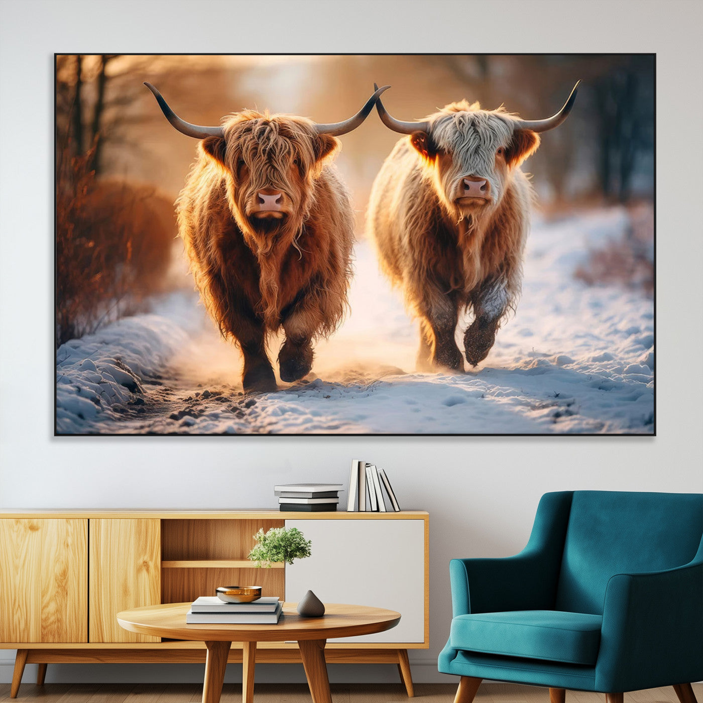 50490-SEG-FC-51X34_Oversize-Highland Cow Wall Art – Rustic Panoramic Canvas Print Two Cattle Snowy Landscape, Farmhouse Country Decor for Living Room Office