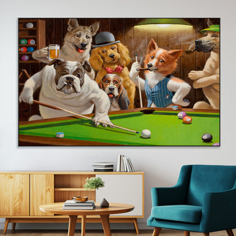 34228-MGV-CV-36X24-Dogs Playing Pool Wall Art Canvas Print, Framed Funny Dog Art Picture Print, Dog Perfect Game Room Decor Artwork