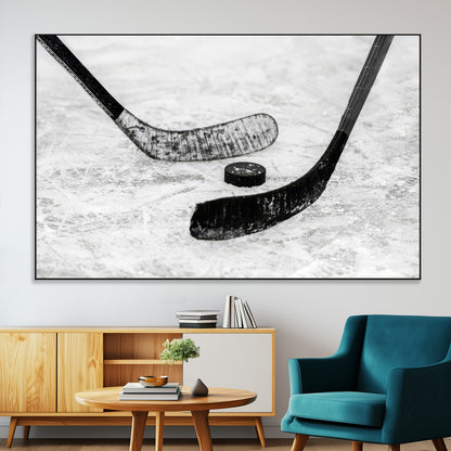 82900-MGV-CV-36X24-Hockey Wall Art – Black and White Canvas Print Ice Rink Sticks Puck Sports Photography, Modern Decor for Game Room, Man Cave,