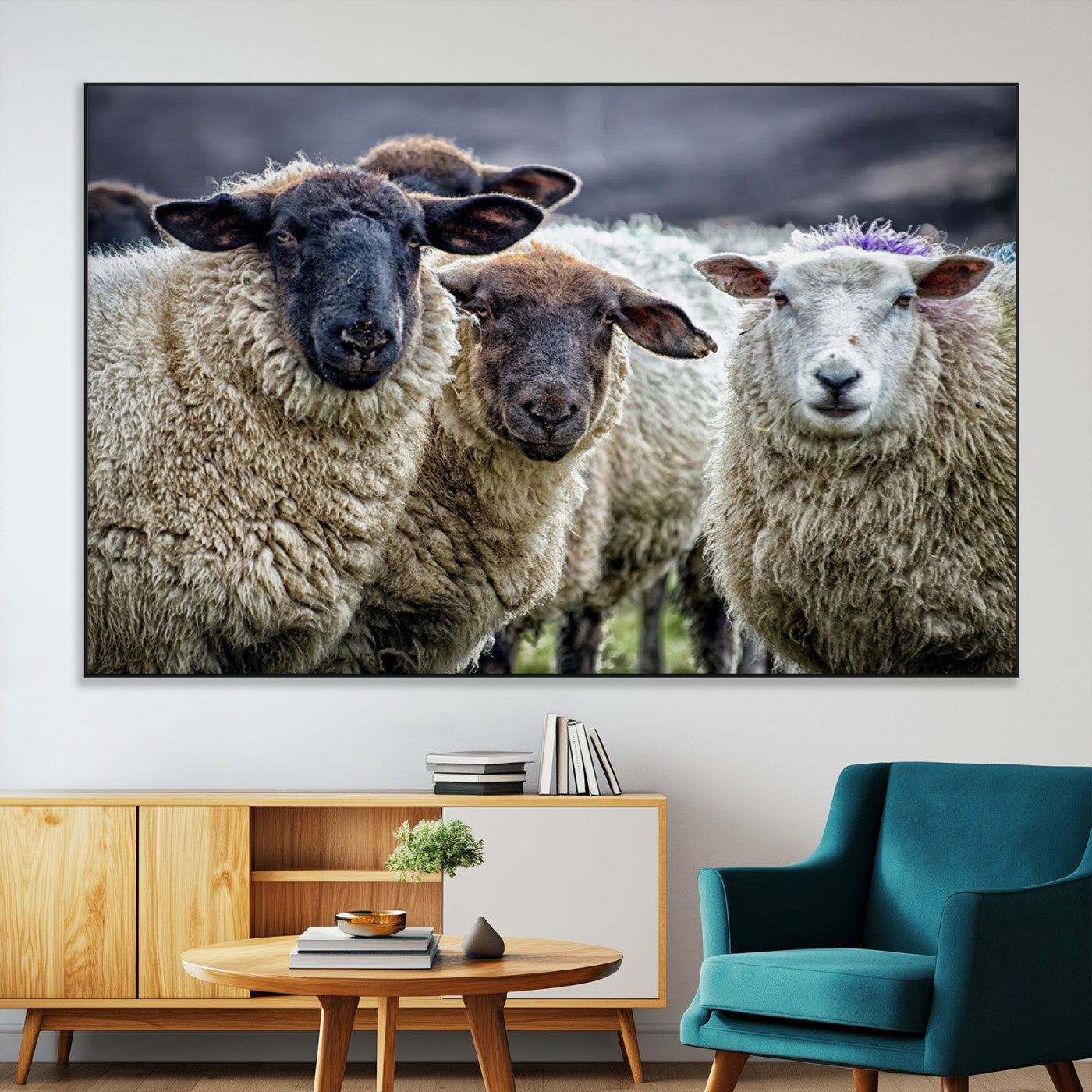 18418-SEG-FC-51X34_Oversize-Sheep Wall Art Canvas Print, Framed Farmhouse Sheep Art Picture Print, Sheep Herd Perfect Rustic Farmhouse Decor Artwork