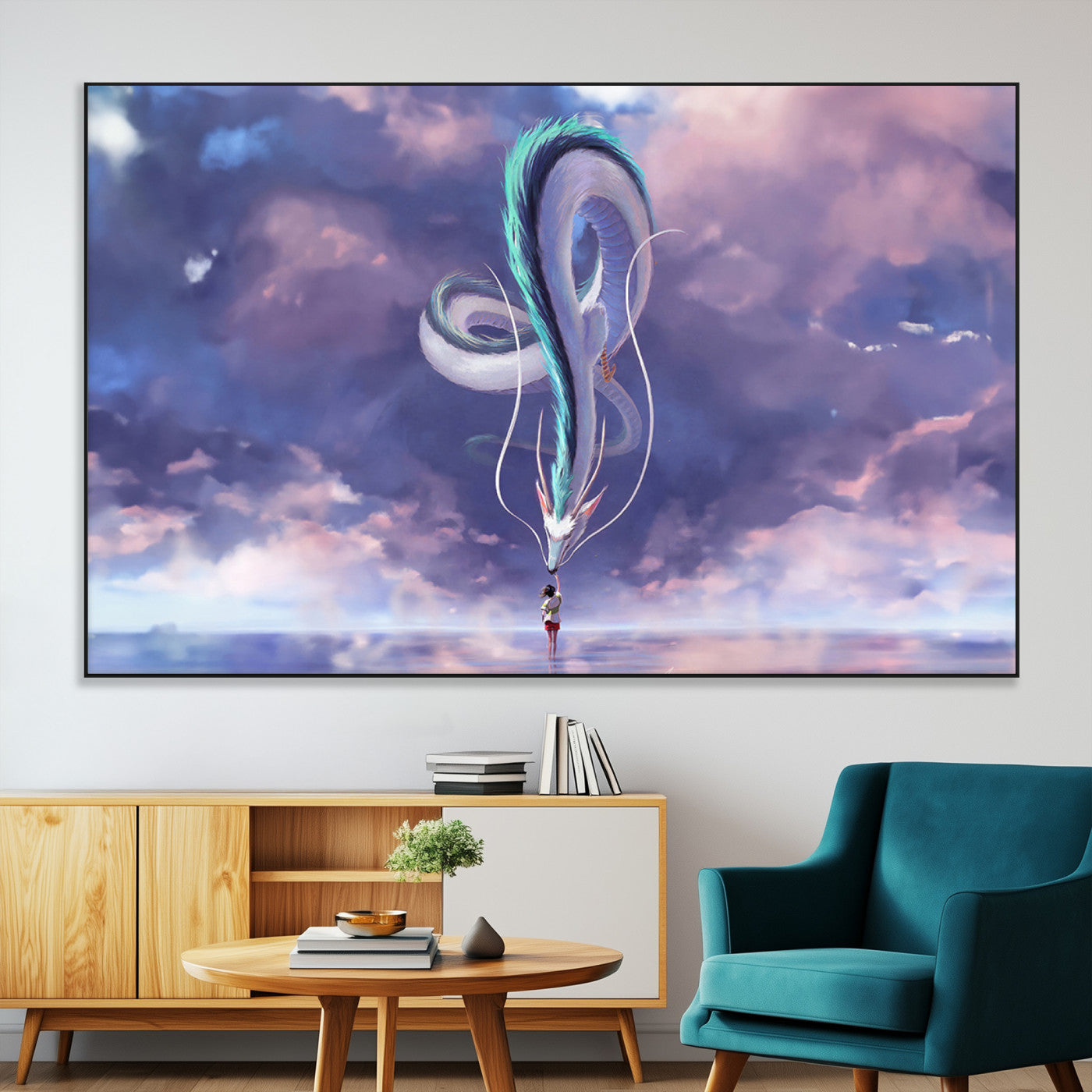 66864-SEG-FC-51X34_Oversize-Fantasy Dragon Wall Art – Mystical Canvas Print Girl and Sky Serpent Dreamlike Clouds, Magical Anime Inspired Decor for Living