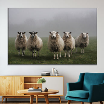87339-SEG-FC-51X34_Oversize-Sheep Wall Art – Rustic Farmhouse Canvas Print Flock Standing Misty Field Countryside Photography, Country Animal Decor for Living