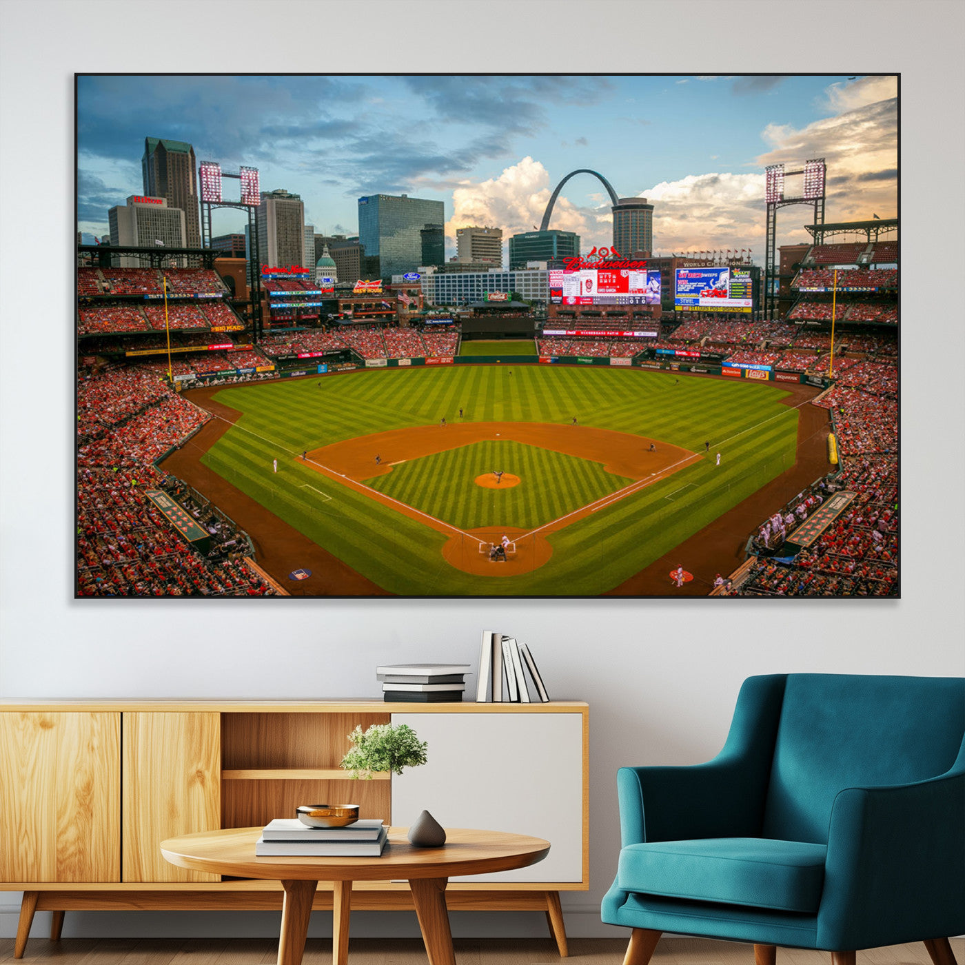 91908-SEG-FC-51X34_Oversize-Baseball Stadium Wall Art – Canvas Print Game Day Field City Skyline Iconic Arch Scene Sports Photography, Decor for Game Room,