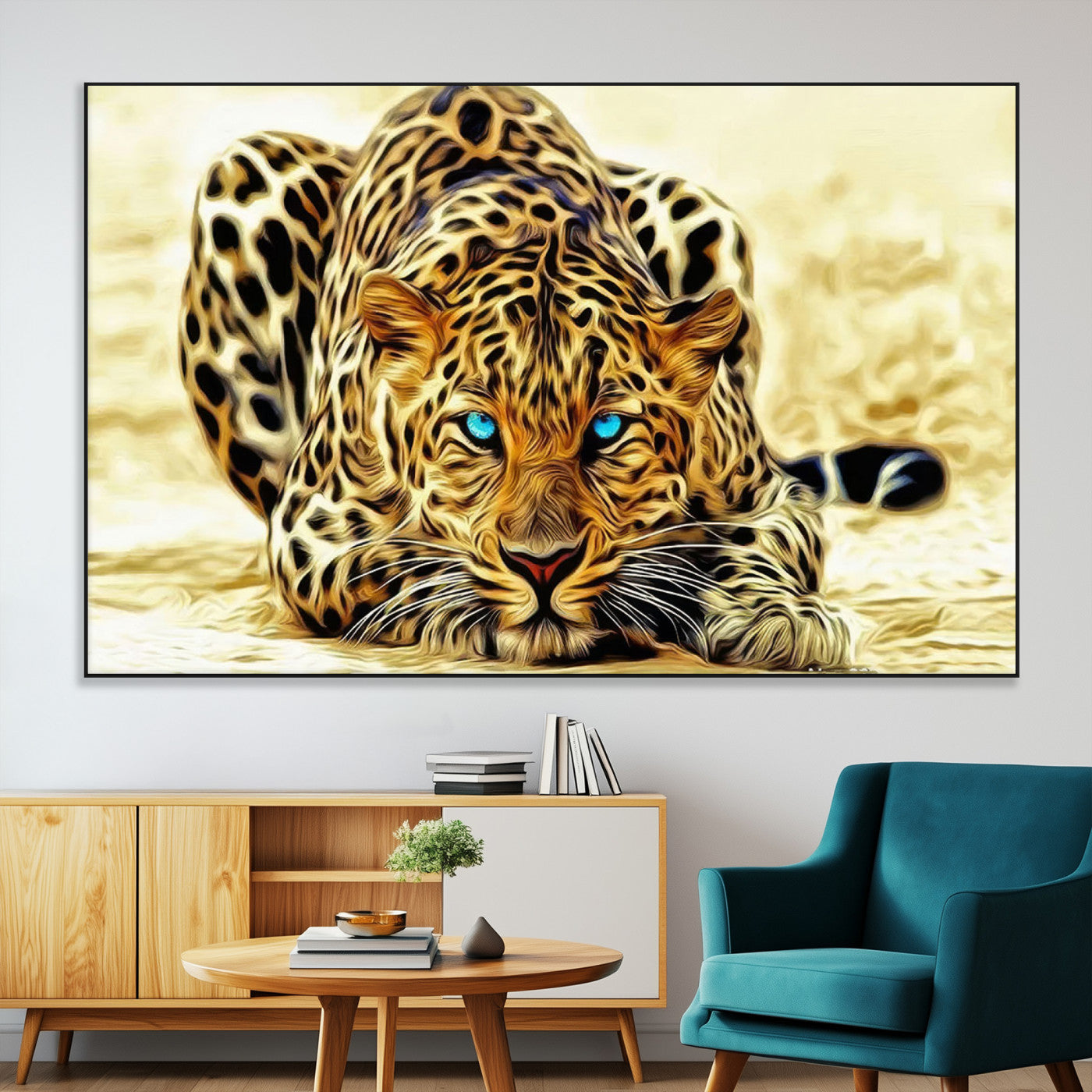 45281-MGV-CV-36X24-Blue Eye Leopard Wall Art Canvas Print, Framed Leopard Painting Art Picture Print, Big Cat Perfect Safari Wildlife Decor Artwork