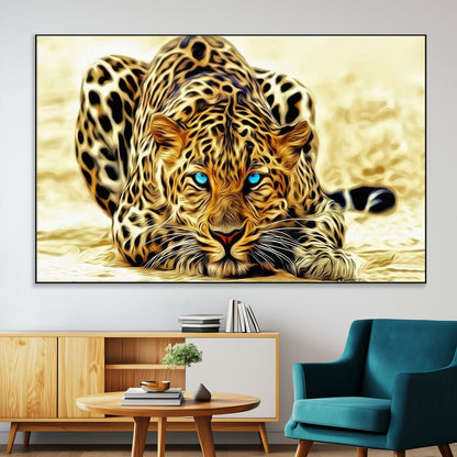 45281-MGV-CV-36X24-Blue Eye Leopard Wall Art Canvas Print, Framed Leopard Painting Art Picture Print, Big Cat Perfect Safari Wildlife Decor Artwork