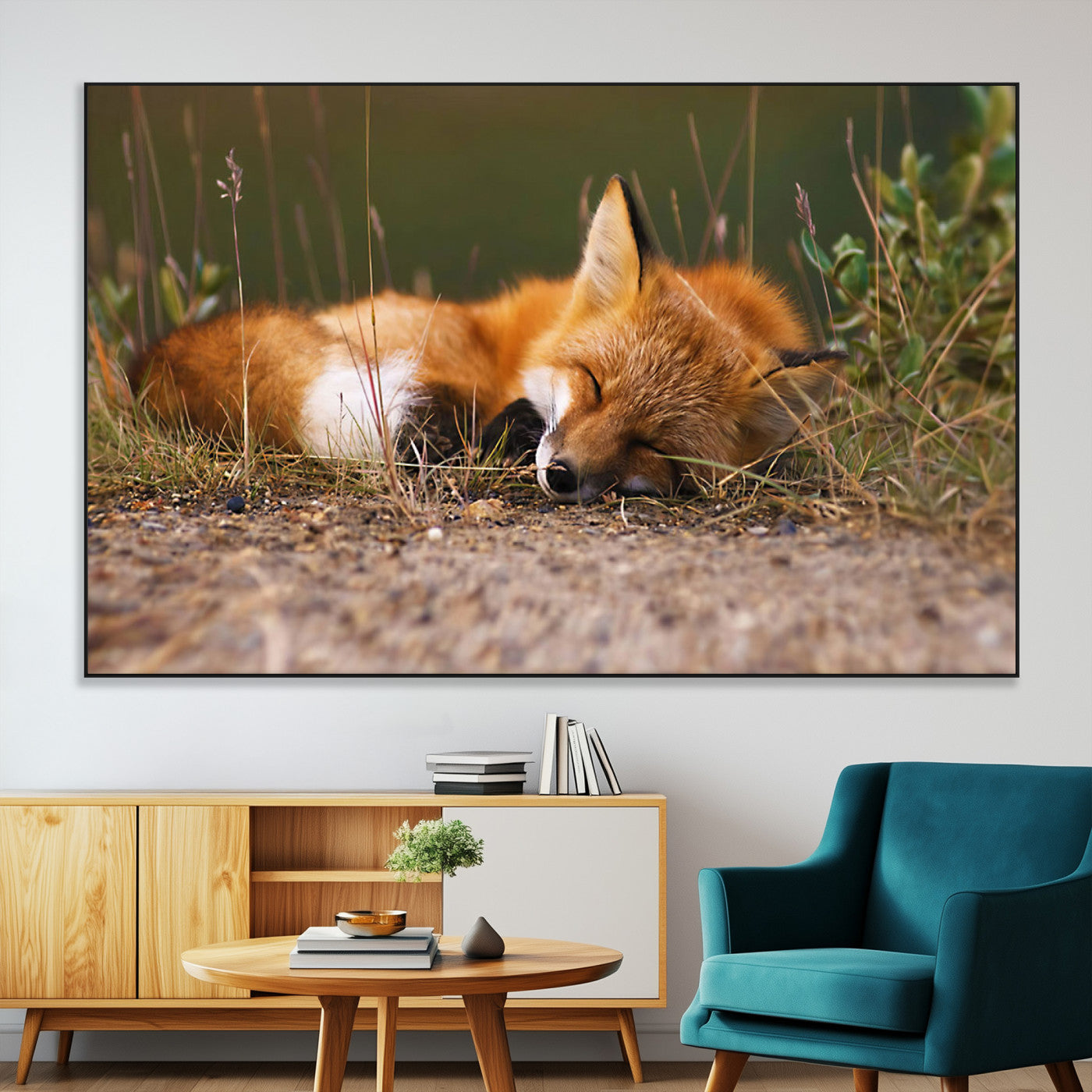 25085-MGV-CV-36X24-Sleeping Fox Wall Art Canvas Print, Framed Rustic Fox Art Picture Print, Wildlife Animal Perfect Rustic Farmhouse Decor Artwork