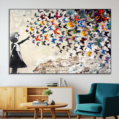 97895-MGV-CV-36X24-Girl with Butterflies Wall Art – Colorful Street Art Style Canvas Print, Modern Graffiti-Inspired Butterfly Artwork for Living