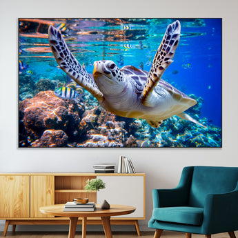 12683-MGV-CV-36X24-Sea Turtle Wall Art – Graceful Ocean Canvas Print with Coral Reef and Tropical Fish, Coastal Marine Life Decor for Beach House,