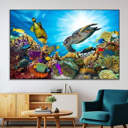 44772-MGV-CV-36X24-Underwater Sea Turtle Wall Art – Vibrant Coral Reef and Tropical Fish Canvas Print, Ocean Marine Life Decor for Living Room,