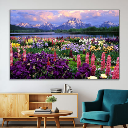 82270-MGV-CV-36X24-Colorful Wildflower Meadow Landscape Wall Art – Snow-Capped Mountain Lake Sunset Print, Vibrant Nature Artwork for Living Room,
