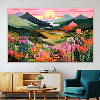 99638-MGV-CV-36X24-Sunset Meadow Wall Art – Panoramic Mountain Landscape with Wildflowers Canvas Print, Vibrant Nature Decor for Living Room, Bedroom