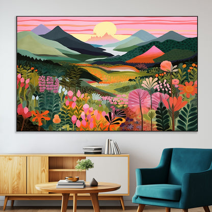99638-MGV-CV-36X24-Sunset Meadow Wall Art – Panoramic Mountain Landscape with Wildflowers Canvas Print, Vibrant Nature Decor for Living Room, Bedroom