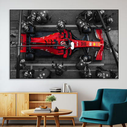 99356-MGV-CV-36X24-Ferrari Pit Stop Wall Art – Formula 1 Racing Car Canvas Print, Red Speed Machine Motorsport Decor for Office, Garage, Man Cave or