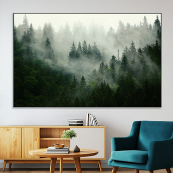 167720496-MGV-CV-36X24-Misty Forest Wall Art – Serene Evergreen Trees Canvas Print, Foggy Mountain Nature Landscape Decor for Bedroom, Living Room or