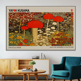 38013-MGV-CV-36X24-Yayoi Kusama Inspired Mushroom Garden Wall Art – Whimsical Botanical Canvas Print, Surreal Nature Poster, Fantasy Floral Artwork