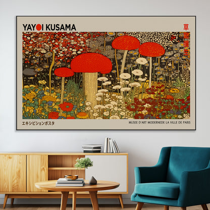 38013-MGV-CV-36X24-Yayoi Kusama Inspired Mushroom Garden Wall Art – Whimsical Botanical Canvas Print, Surreal Nature Poster, Fantasy Floral Artwork