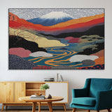 22313-MGV-CV-36X24-Yayoi Kusama Wall Art – Abstract Mount Fuji Landscape Canvas Print, Vibrant Japanese Nature Scene with River, Mountains and Sky
