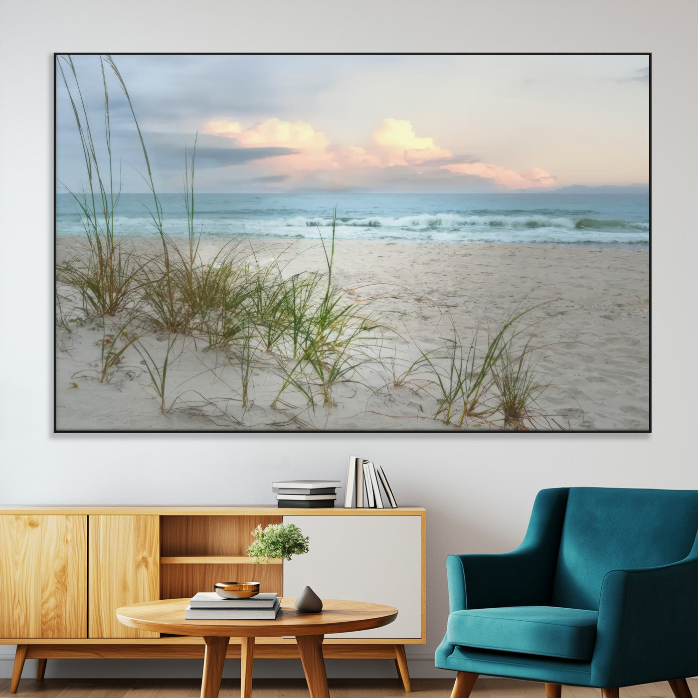 Test1001-MGV-CV-36X24-Coastal Beach Wall Art – Panoramic Ocean Waves and Sandy Dunes Canvas Print, Serene Seascape with Sea Oats for Relaxing Home or