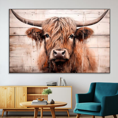 93730-MGV-CV-36X24-Scottish Cow Wall Art Canvas Print, Framed Longhorn Cow Art Picture Print, Highland Cattle Perfect Rustic Farmhouse Decor Artwork