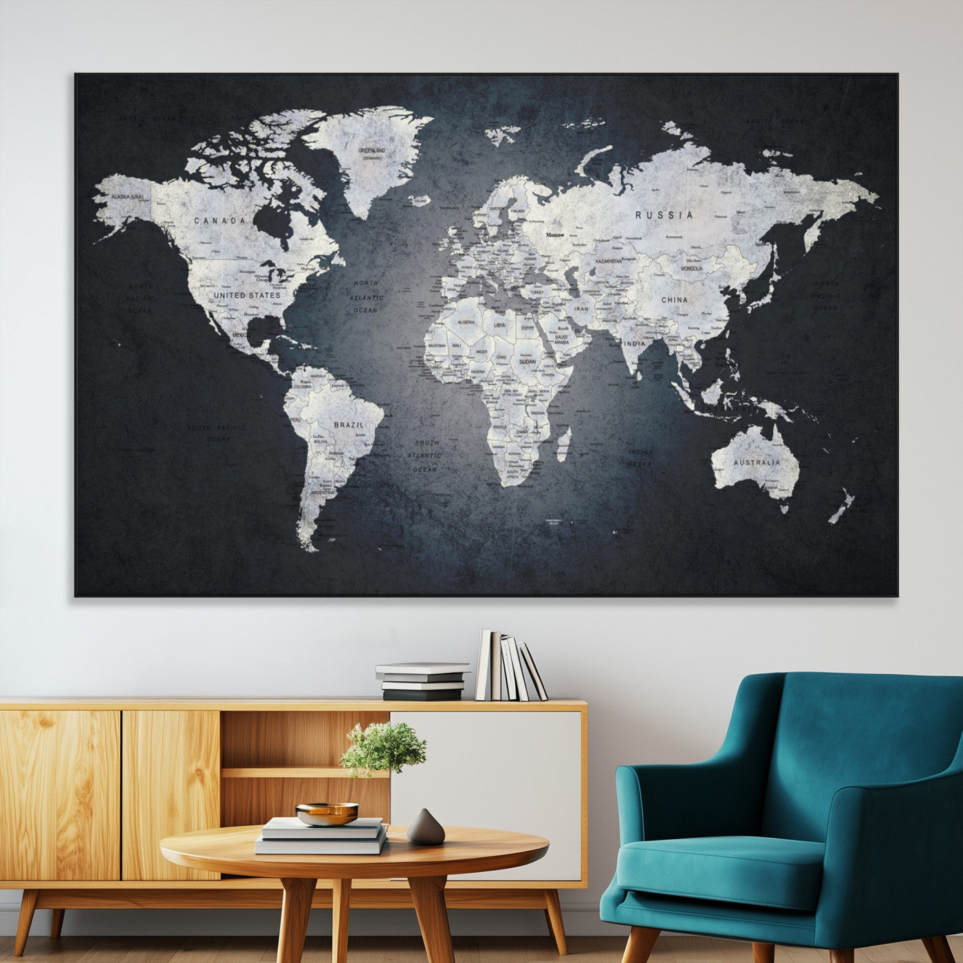 19124-MGV-CV-36X24-Modern World Map Wall Art – Black and White Canvas Print, Minimalist Global Map Decor for Office, Study, Bedroom or Living Room