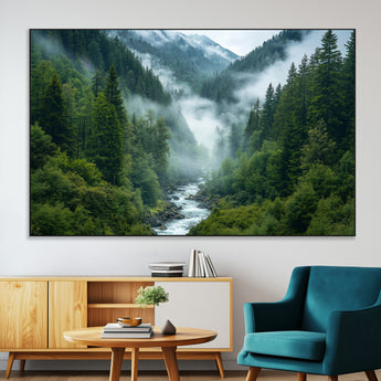 69453-MGV-CV-36X24-Mountain Forest Wall Art – Misty River and Evergreen Landscape Canvas Print, Nature Photography Poster for Living Room, Bedroom,