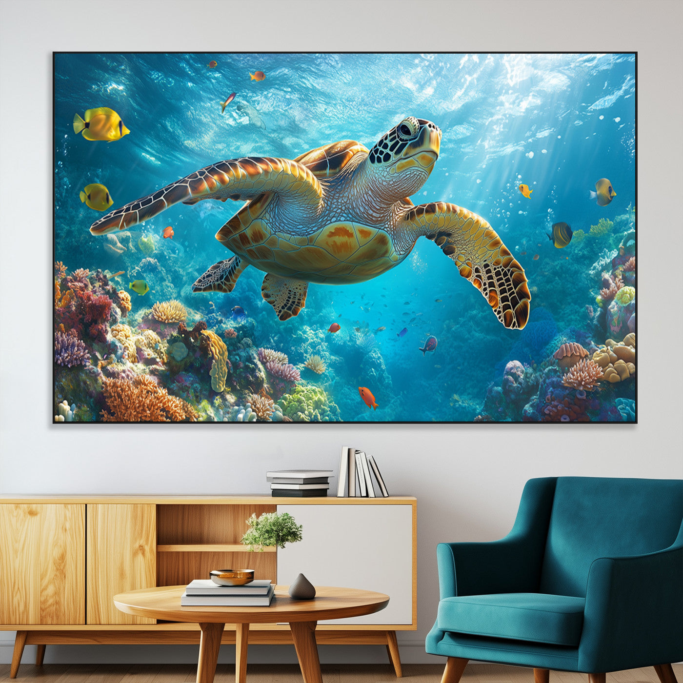37623-MGV-CV-36X24-Sea Turtle Wall Art – Underwater Ocean Canvas Print with Coral Reef and Tropical Fish, Marine Life Painting Poster for Living