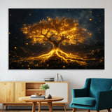 60194-MGV-CV-36X24-Glowing Tree Wall Art – Golden Roots Fantasy Canvas Print, Mystical Illuminated Tree Painting Poster for Living Room, Bedroom,