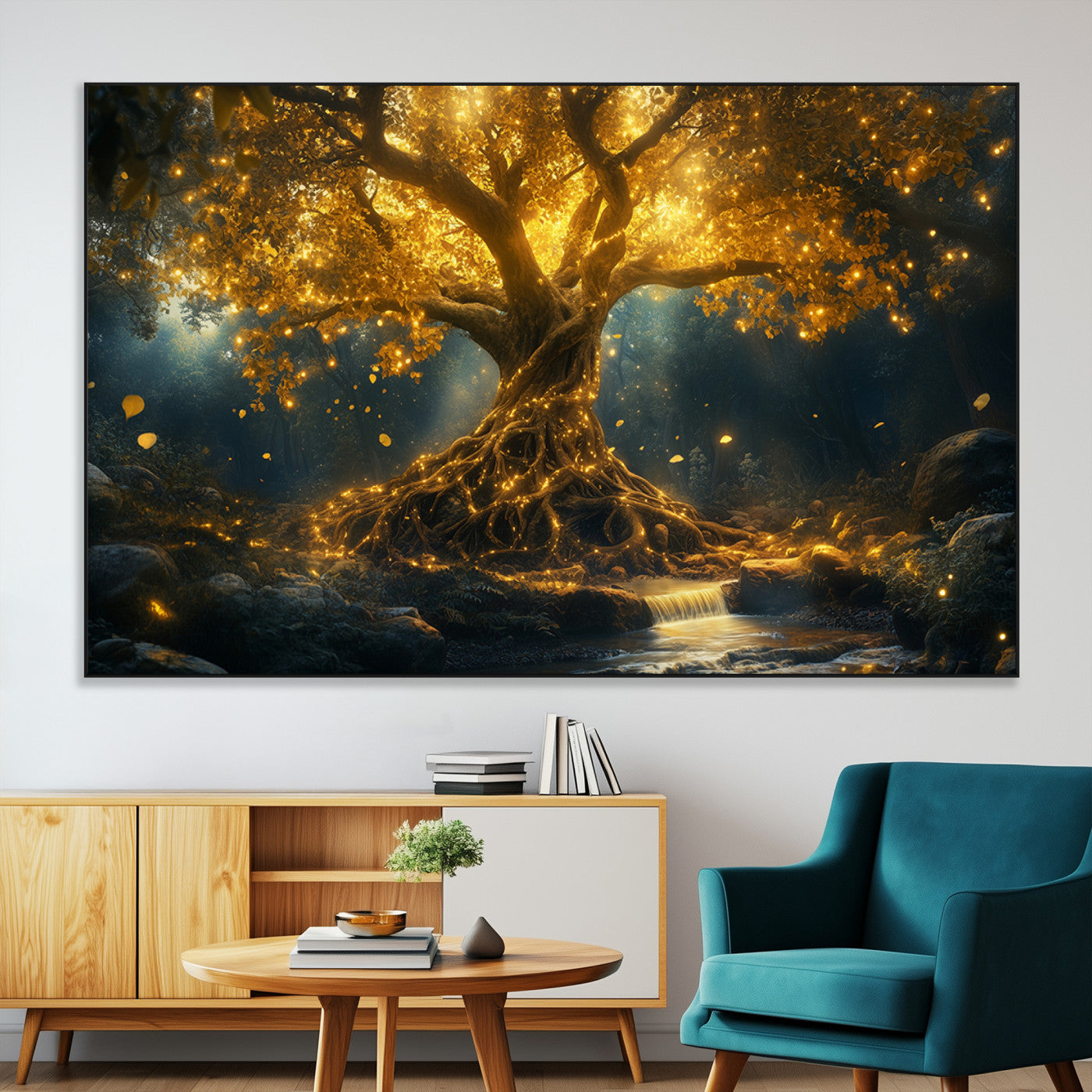 92739-MGV-CV-36X24-Glowing Tree Wall Art – Enchanted Golden Forest Canvas Print, Mystical Illuminated Nature Painting Poster for Living Room,