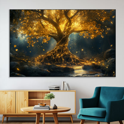 92739-MGV-CV-36X24-Glowing Tree Wall Art – Enchanted Golden Forest Canvas Print, Mystical Illuminated Nature Painting Poster for Living Room,