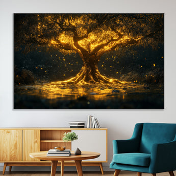 59580-MGV-CV-36X24-Glowing Tree Wall Art – Golden Fantasy Nature Canvas Print, Mystical Illuminated Tree Painting Poster for Living Room, Bedroom,