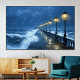 32668-MGV-CV-36X24-Stormy Pier Wall Art – Ocean Waves and Street Lamps Canvas Print, Rainy Night Seascape Oil Painting Poster for Living Room,