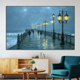 79606-MGV-CV-36X24-Rainy Pier Night Wall Art – Ocean Waves and Street Lamps Canvas Print, Moody Seascape Oil Painting Poster for Living Room,