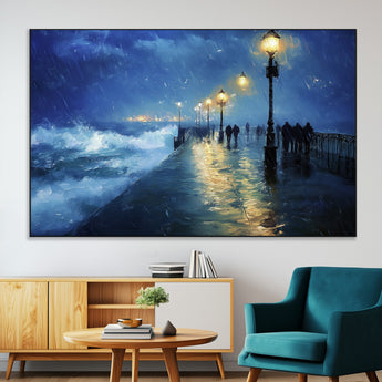 94571-MGV-CV-36X24-Seaside Night Wall Art – Ocean Waves and Street Lamps Canvas Print, Rainy City Pier Oil Painting Poster for Living Room, Bedroom,