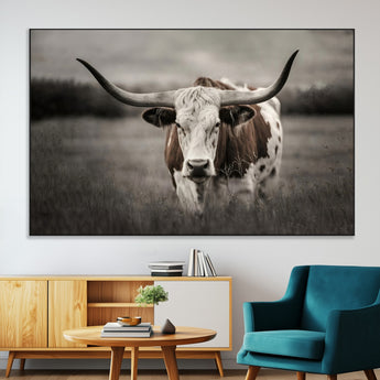 69238-MGV-CV-36X24-Longhorn Bull Wall Art – Rustic Black and White Texas Cattle Canvas Print, Western Farmhouse Animal Photography for Living Room,