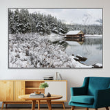 94285-SEG-FC-51X34_Oversize-Snowy Cabin Wall Art Canvas Print, Framed Winter Cabin Art Picture Print, Mountain Lake Perfect Snowy Nature Decor Artwork