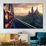 84029-SEG-FC-51X34_Oversize-Fantasy Castle Wall Art – Magical Train Sunset Forest Canvas Print, Enchanted Landscape Painting Poster for Living Room, Bedroom,