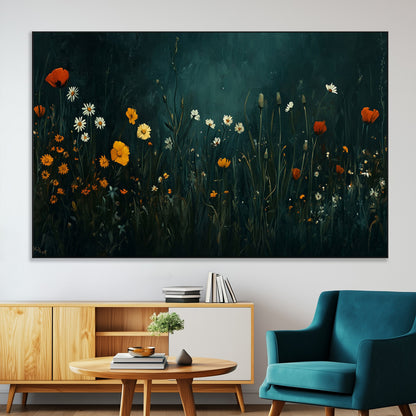 87037-SEG-FC-51X34_Oversize-Wildflower Wall Art – Dark Botanical Floral Canvas Print, Modern Nature Painting Poster with Daisies Poppies Orange Flowers for