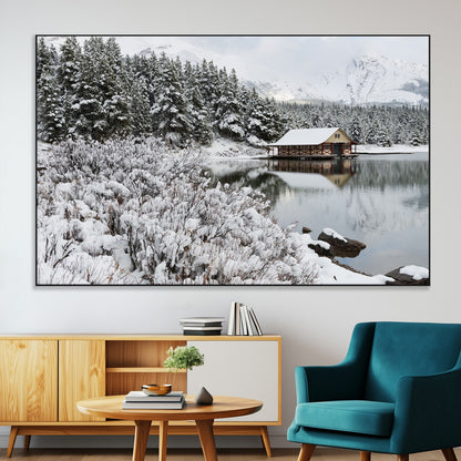 29975-MGV-CV-36X24-Winter Cabin by the Lake Wall Art – Snowy Mountain Landscape Canvas Print, Rustic Lodge Cabin Decor for Cozy Living Room, Bedroom