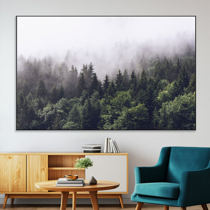 42578900-MGV-CV-36X24-Misty Pine Forest Wall Art – Tranquil Foggy Mountain Canvas Print, Nature Landscape Décor for Bedroom, Living Room, Cabin or
