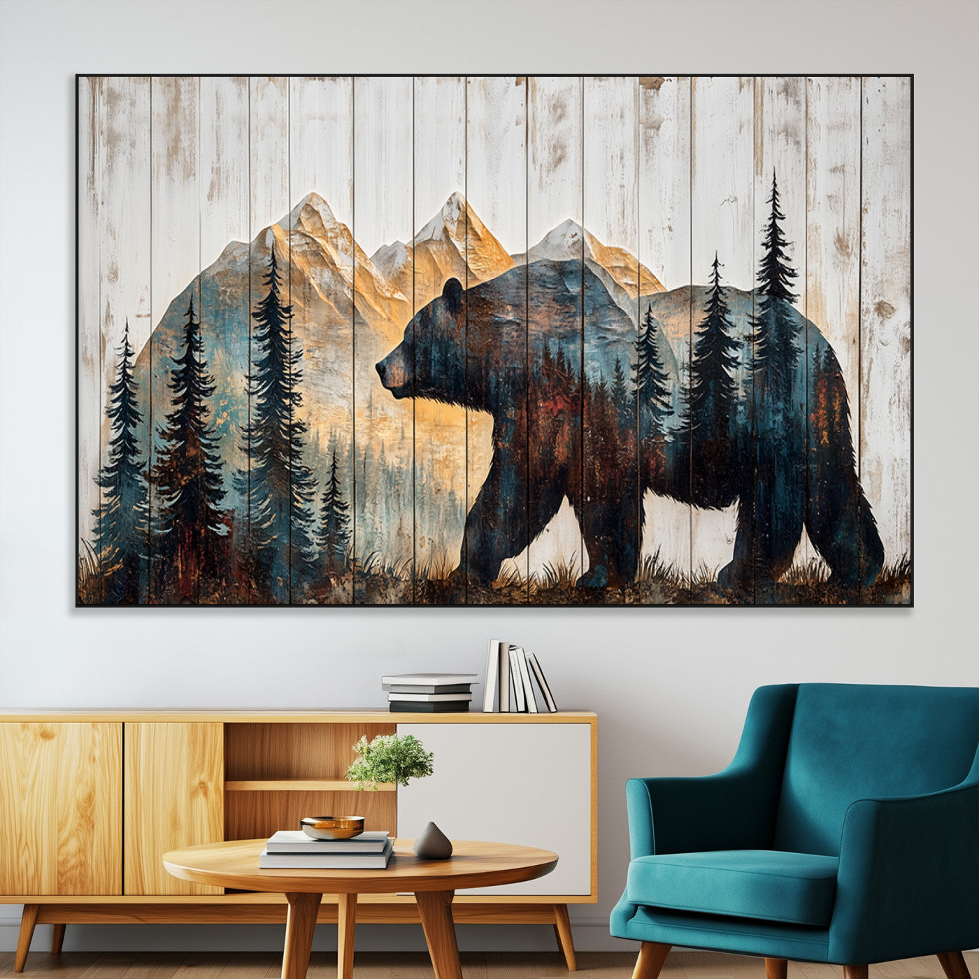 90077-SEG-FC-51X34_Oversize-Wood Grizzly Bear Wall Art Canvas Print, Framed Abstract Bear Art Picture Print, Bear in Forest Perfect Rustic Lodge Decor Artwork