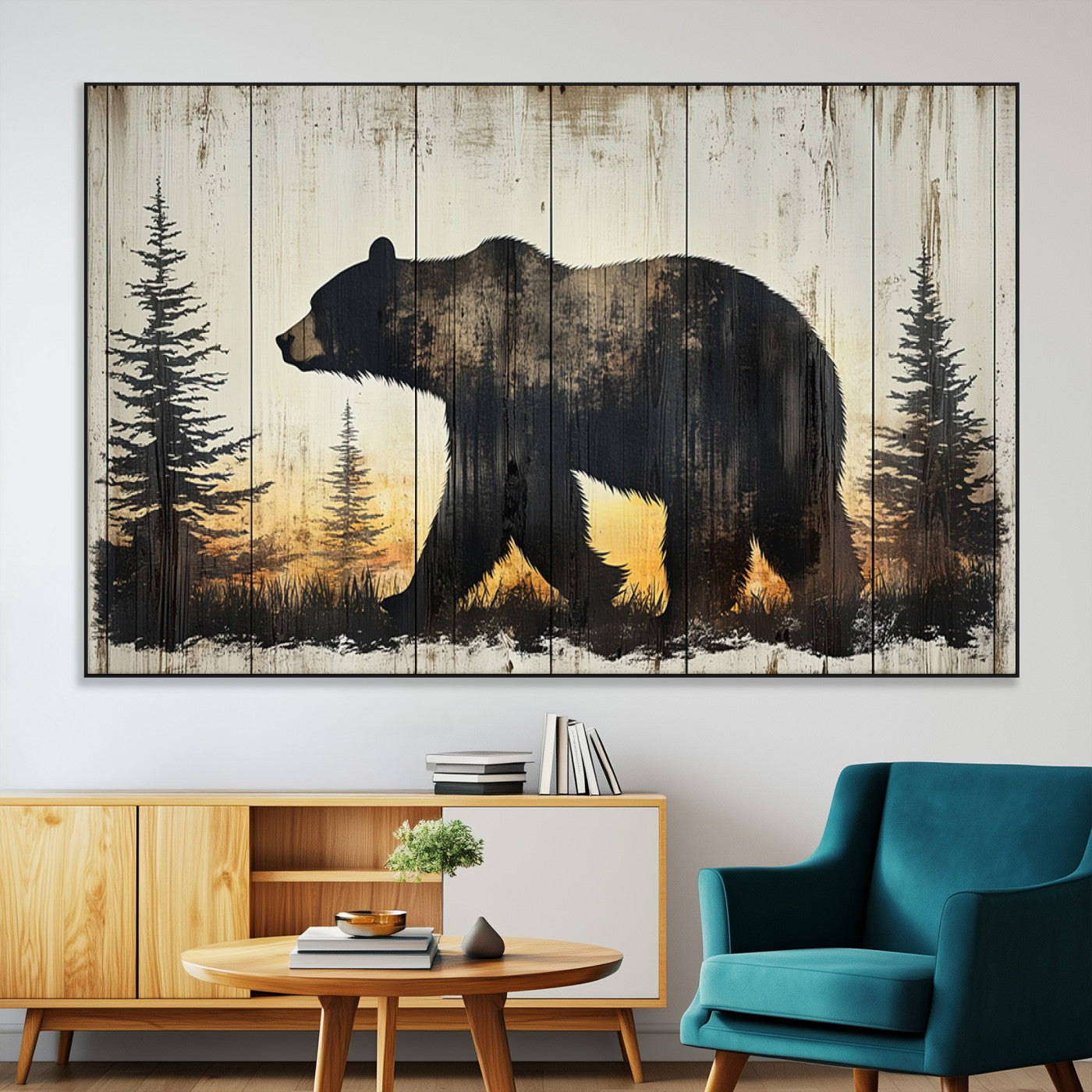 83875-SEG-FC-51X34_Oversize-Sunset Bear Wall Art – Rustic Wildlife Canvas Print with Forest Silhouette, Cabin Lodge Decor for Living Room or Office
