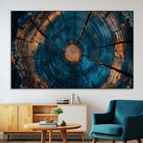 65231-MGV-CV-36X24-Blue and Gold Tree Ring Wall Art – Rustic Abstract Wood Slice Canvas Print, Modern Nature Inspired Artwork for Living Room,