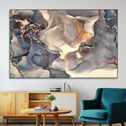 18202-MGV-CV-36X24-Abstract Neutral Wall Art – Blue, Beige and Gold Fluid Ink Canvas Print, Modern Minimalist Painting for Living Room, Office
