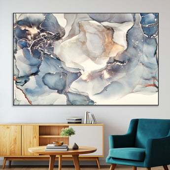 51497-MGV-CV-36X24-Abstract Blue and Gold Wall Art – Modern Fluid Ink Style Canvas Print, Elegant Contemporary Decor for Living Room, Office