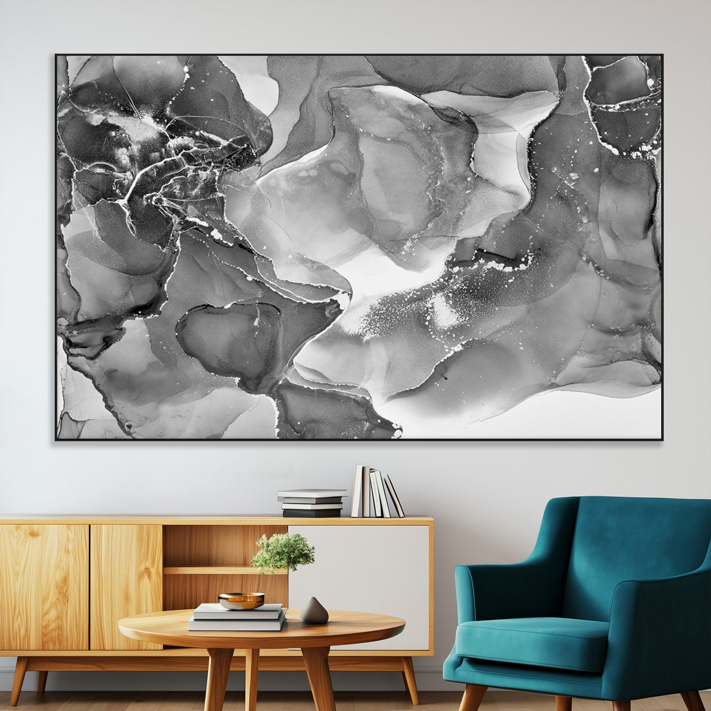 15911-MGV-CV-36X24-Black and White Abstract Wall Art – Modern Ink Swirl Canvas Print, Minimalist Contemporary Painting for Living Room, Bedroom,